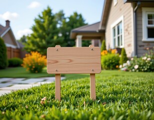 Empty Wooden Garden Signboard Standing on Lush Green Lawn in Front of Contemporary House with Vibrant Flower Beds Outdoor Scene Bright Day