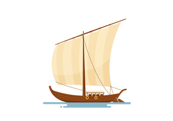 A brown ancient ship with a beige sail is depicted on a light blue patch simulating water