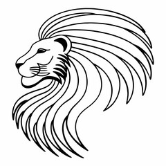 Stylized black and white line art illustration of a majestic lion s head in profile with a flowing mane against a clean white background