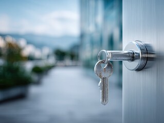 Silver Key Inserted Into Door Lock with Blurred Outdoor Landscape Background