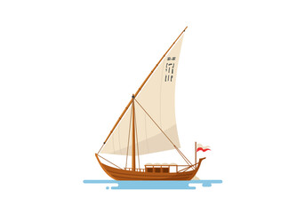 A cartoon sailboat on water with a white sail featuring text