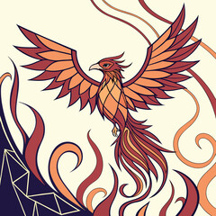 Stylized fiery phoenix bird rising from flames with geometric mountain elements and swirling ornate lines in warm colors