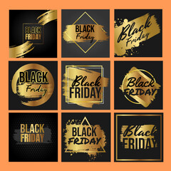 Black Friday gold design collection with brush stroke and splash concept on black background