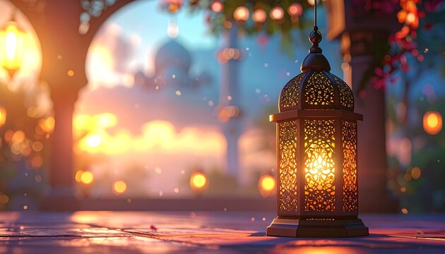 Ornate lantern glows at sunset, mosque backdrop - Powered by Adobe