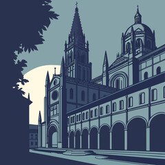 Fototapeta premium Stylized illustration of a grand cathedral with a prominent dome and spire set against a pale moonlit sky and silhouetted tree branches