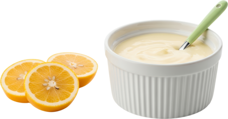 Creamy lemon dessert in a white ramekin with sliced lemons isolate citrus fruit yellow sweet bowl spoon