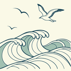 Stylized illustration of powerful ocean waves crashing under a pale sky with three graceful seagulls in flight