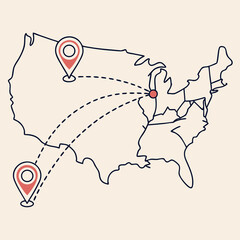 Stylized map of the united states showing travel routes and location pins connecting major cities with dashed lines