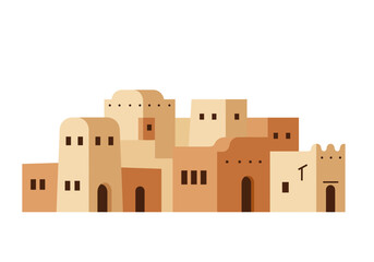 Desertstyle buildings with rounded and square shapes and a muted color palette