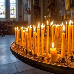 Many lit candles in a church