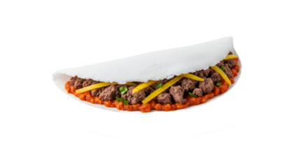 Tapioca crepe with savory meat filling and sauce on a plate.