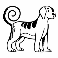 Whimsical hand drawn black and white sketch of a playful dog with a curly tail and spotted coat standing sideways