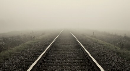 A quiet, misty morning reveals a long stretch of railroad tracks disappearing into the fog.