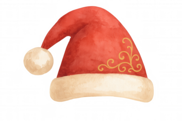 Red santa hat watercolor illustration featuring festive gold swirl patterns, representing christmas and holiday season
