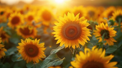 Fototapeta premium Bright Sunflower Field at Sunset with Warm Sunlight Rays