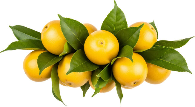 A cluster of ripe yellow citrus fruits with vibrant green leaves isolate orange lemon lime food fresh - Powered by Adobe
