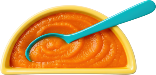 Close up of bright orange puree in a yellow dish with a turquoise spoon isolate food baby food healthy