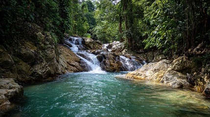 A tranquil waterfall cascading down rocky terrain into a crystal-clear pool, surrounded by lush tropical foliage.