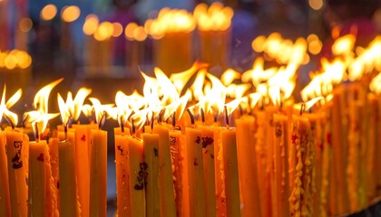 Many lit candles in a row