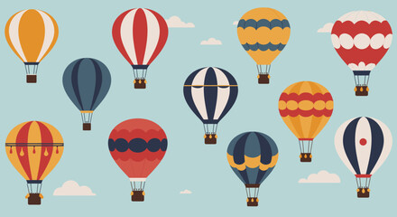A vibrant flat design illustration showcasing a collection of hot air balloons with various patterns and colors, highlighting the diversity and fun of a fiesta. 