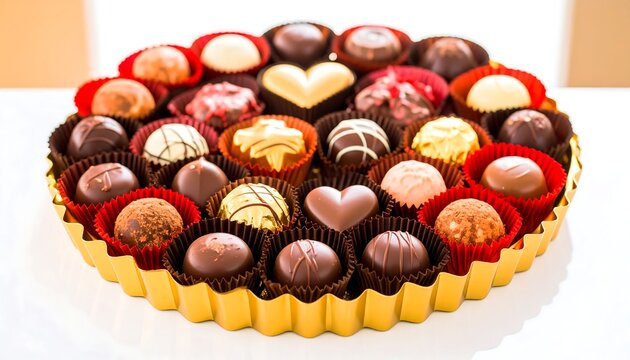 Assorted chocolates in a gold tray