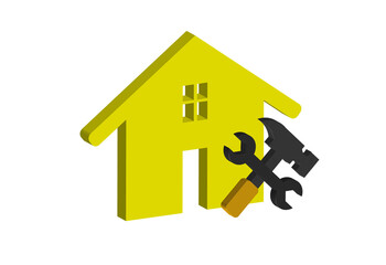 Simple 3D illustration of a house icon with tools. Transparent background in PNG format.