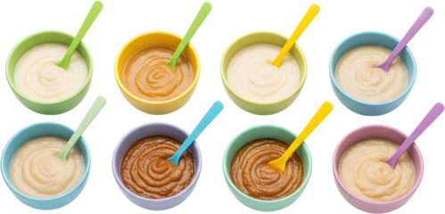 Eight colorful bowls of baby food purees with spoons isolate infant child healthy food nutrition nourishment