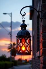 Obraz premium Ornamental lantern hanging from a curved bracket attached to a brick wall du sunset, creating warm glow and vintage ambiance in an outdoor setting