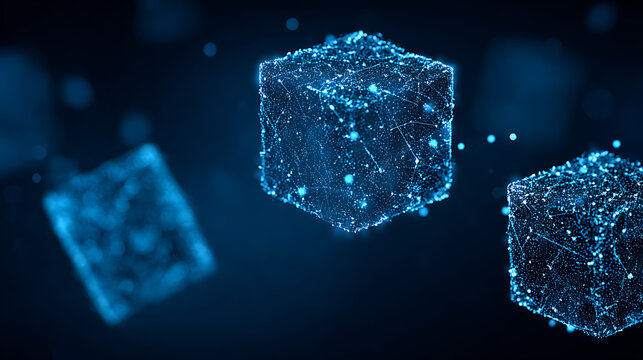 Digital cubes composed of connected dots and lines floating in a dark blue space
