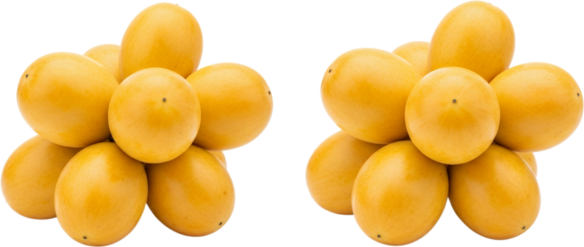 Two clusters of ripe yellow melons round smooth skinned with visible stems and slight indentations isolate