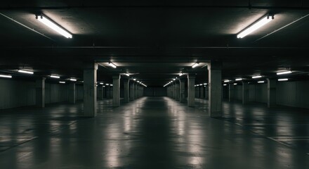 Empty underground parking garage, illuminated by fluorescent lights, evokes a sense of stillness and quietude.