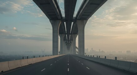 A wide highway stretches beneath a massive concrete overpass, disappearing into a hazy cityscape on a tranquil morning.