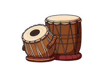 Two tabla drums one smaller and angled beside a larger upright drum
