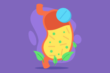 Colorful illustration of stomach with vitamin capsule. Green leaves surrounding stomach, symbolizing healthy digestion and wellness