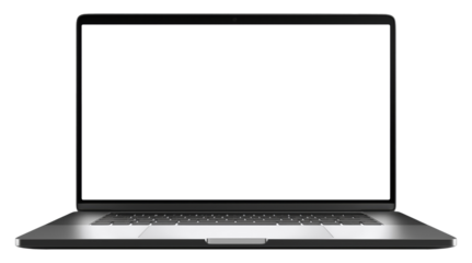 Modern black laptop computer with opened blank screen isolated on a transparent background