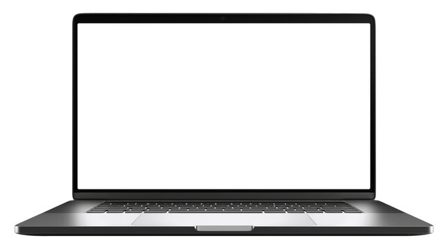 Modern black laptop computer with opened blank screen isolated on a transparent background