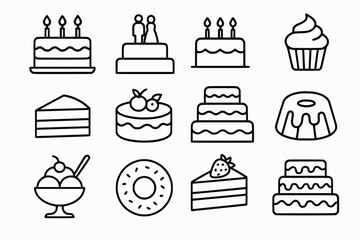 Minimal Dessert and Cake Icon Set in Clean Line Art Style for Sweet Bakery Themes