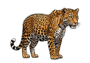 Obraz premium Detailed Illustration of a Standing Leopard with Spotted Coat.