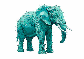 Teal Mosaic African Elephant Illustration Standing Pose Detailed Texture.