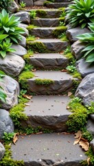 Serene garden pathway with natural stone steps lined by lush green plants and moss, creating a tranquil outdoor scene with vibrant foliage and peaceful ambiance