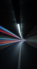 A captivating tunnel, illuminated by streaks of vibrant blue and red light, creates a mesmerizing and dynamic perspective.