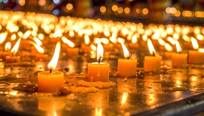 Many lit candles in a row