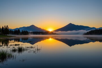 Fototapeta premium Serene sunrise over mountain lake reflecting the vibrant sky with distant peaks and lush greenery, creating a peaceful natural landscape scene