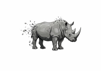 Obraz premium Grey Rhinoceros Disintegrating Detailed Illustration Fragmenting Rear Powerful Pose.