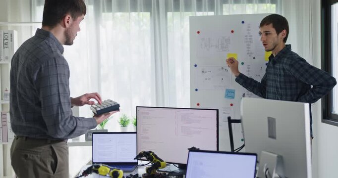 Team adult male engineer develop present AI robotics hand project at tech workspace. Artificial intelligence, collaboration support prototype development, robotic, debugging, machine learn, training.