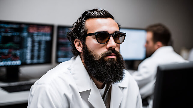 Scientist with beard and sunglasses working in a lab with computer monitors displaying data