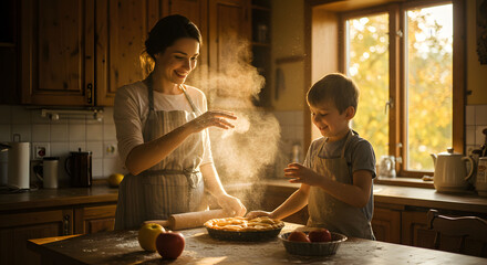 Happy Family Baking Apple Pie Together in a Cozy Kitchen. Ideal Autumn Family: A Joyful Moment of Cooking and Bonding.