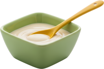 Creamy yogurt in a light green square bowl with a yellow spoon isolated on black with food dairy breakfast