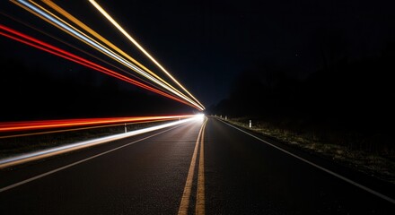 A dark night highway illuminated by streaks of colorful car lights, showcasing a sense of speed and motion.
