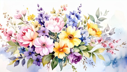 Beautiful watercolor painting of a colorful flower bouquet with soft pink, yellow, purple and blue blossoms, delicate petals and artistic details.